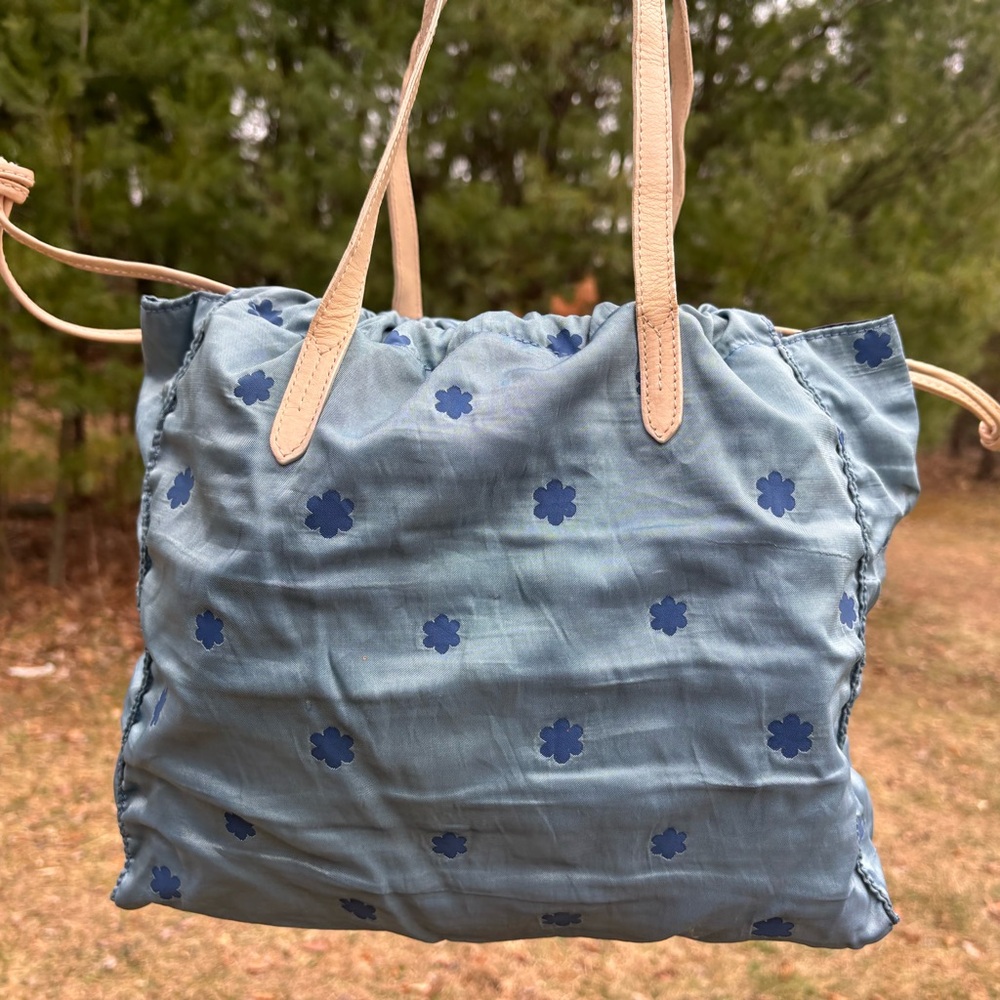 Furla Light Blue Floral Tote with Beige Straps